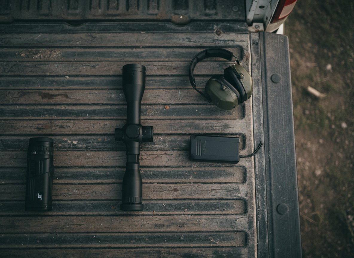 A thermal rifle scope and handheld thermal monocular on a truck bed, the core setup for night hog hunting in the Texas Panhandle.