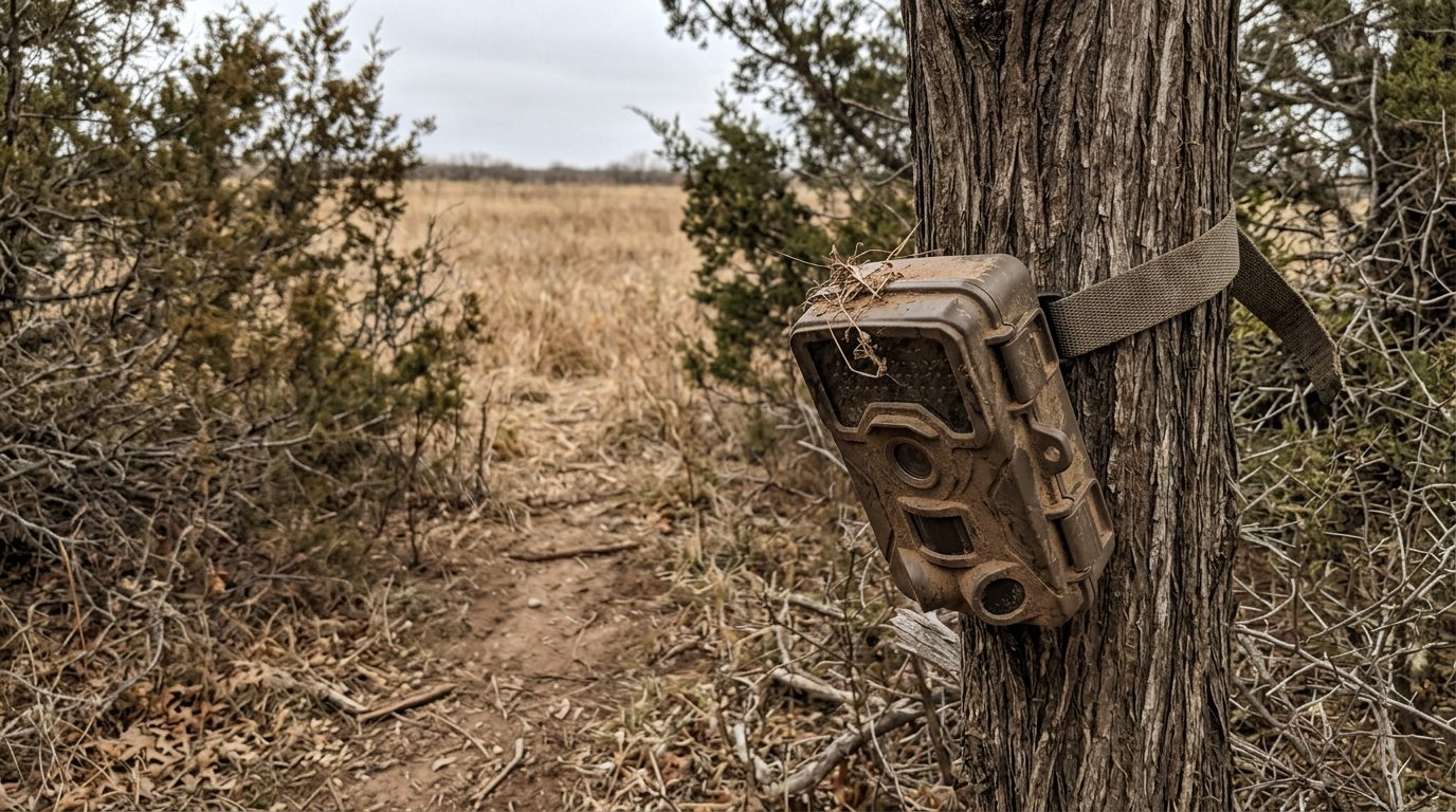 A trail camera strapped to a cedar tree, angled down over a narrow game trail where a brushy draw funnels into a wheat field edge.