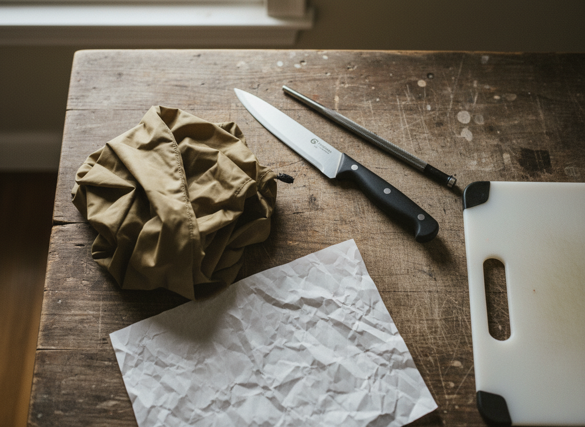 A boning knife, folded ripstop game bags, and butcher paper on a worn wooden work table, the basic setup to butcher a deer at home.