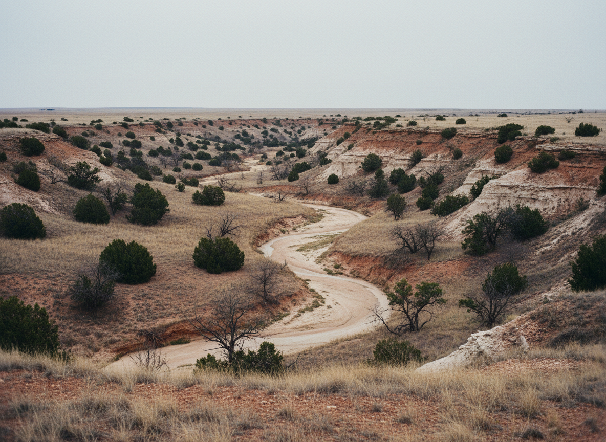 A side draw cutting into the Caprock escarpment under flat overcast light, the kind of canyon terrain where wind and thermals run in opposite directions.